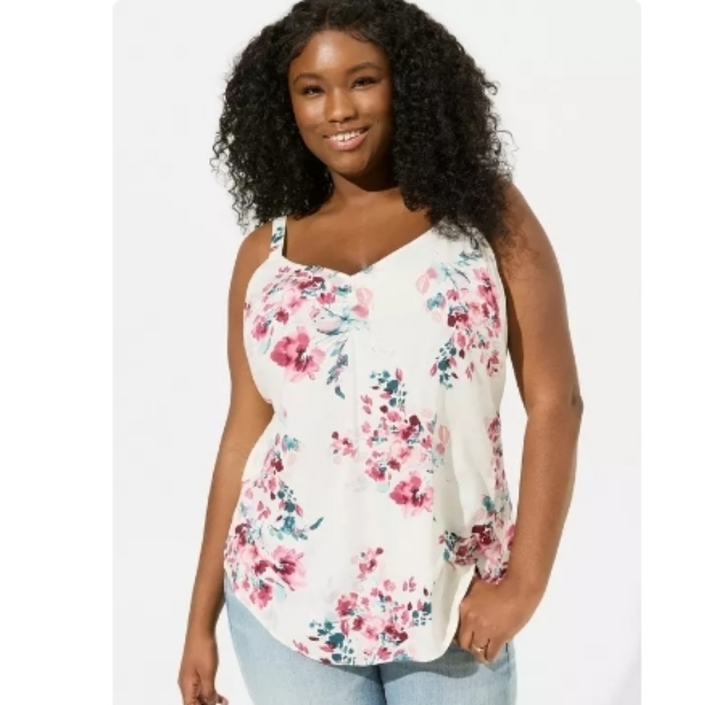 torrid White Floral V-Neck Camisole with Pink Flowers